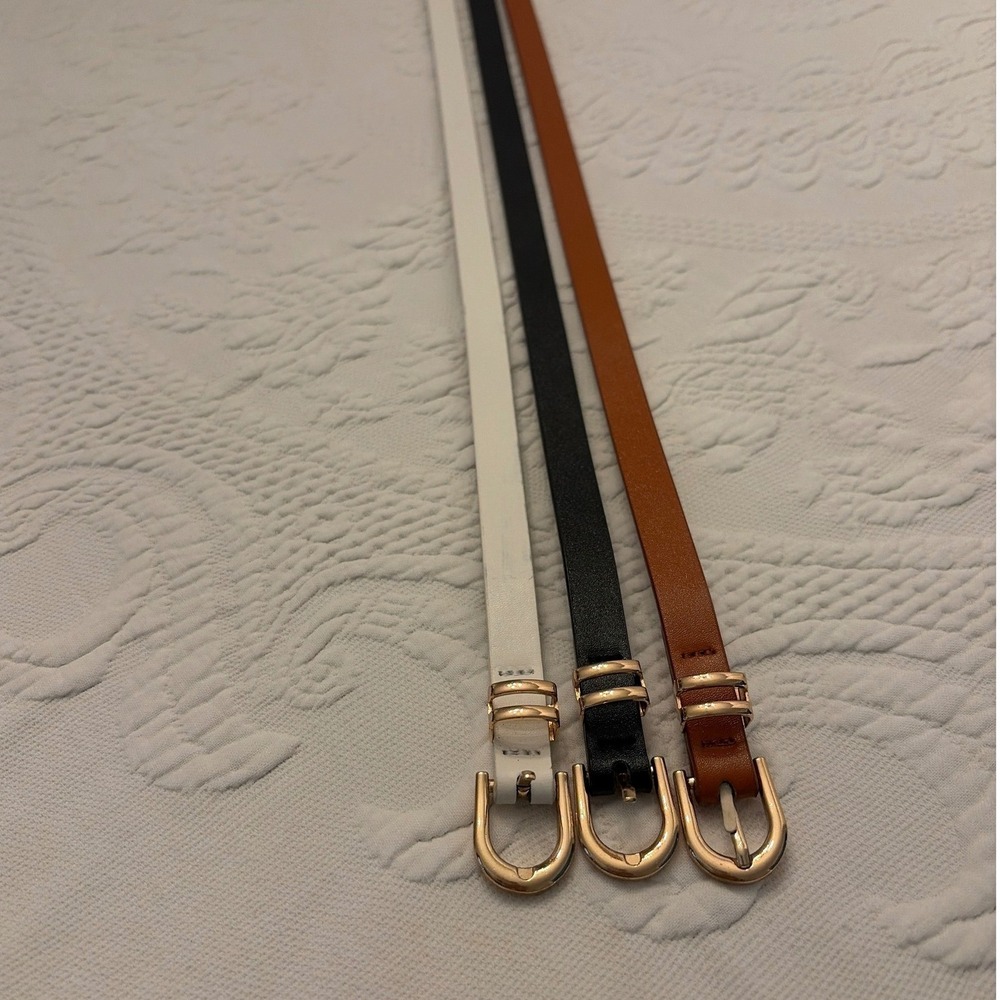 Set of 3 Skinny Faux Leather Belts Gold Horseshoe Buckle Black White Brown Sz 28 - Picture 2 of 6